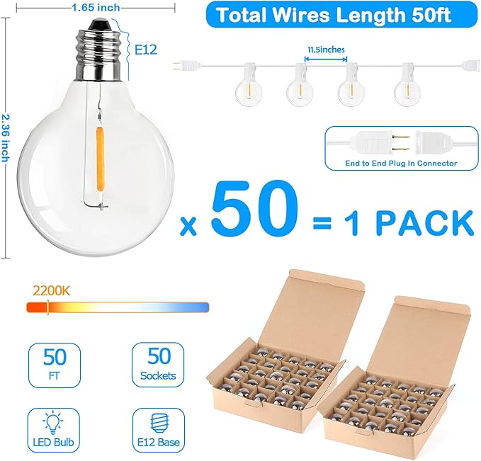 50FT LED G40 Globe String Lights White, Shatterproof Outdoor Patio String Lights 2200K with 50+2 Dimmable Edison Bulbs, Backyard Outdoor Hanging Lights, Bistro Waterproof for Balcony Party Wedding