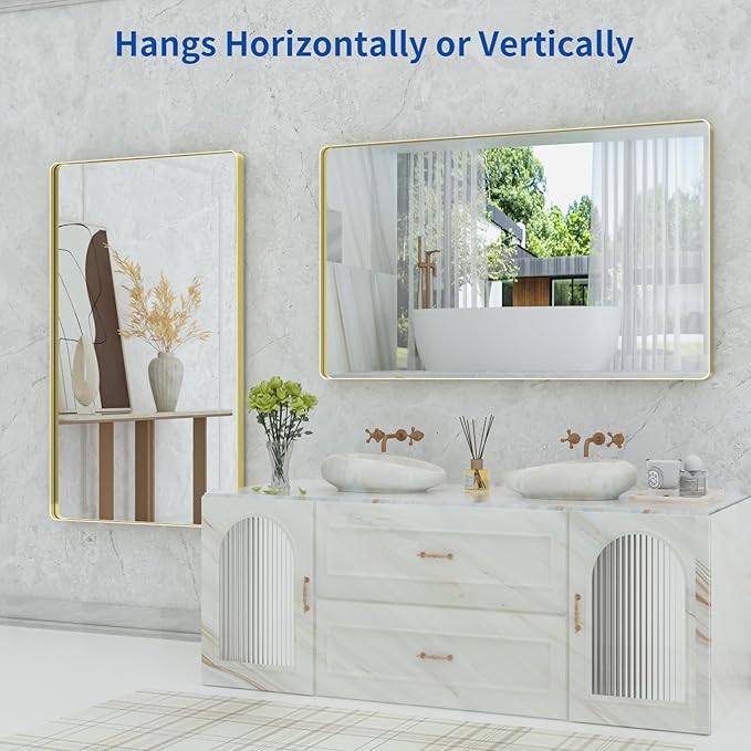 WEER Gold Bathroom Mirror, 60X36 Inch Brushed Gold Metal Frame Mirror, Rounded Rectangle Gold Bathroom Vanity Mirror for Wall, Tempered Glass, Anti-Rust, Hangs Horizontally or Vertically