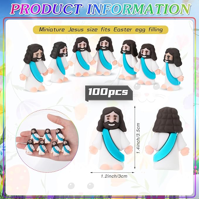 Bememo 100 Pcs Jesus Toys Original Design Mini Rubber Little Jesus Figurine to Hide and Seek Religious Party Favors Sunday School Craft Baptism Gifts for Easter Egg Stuffers(Cyan)