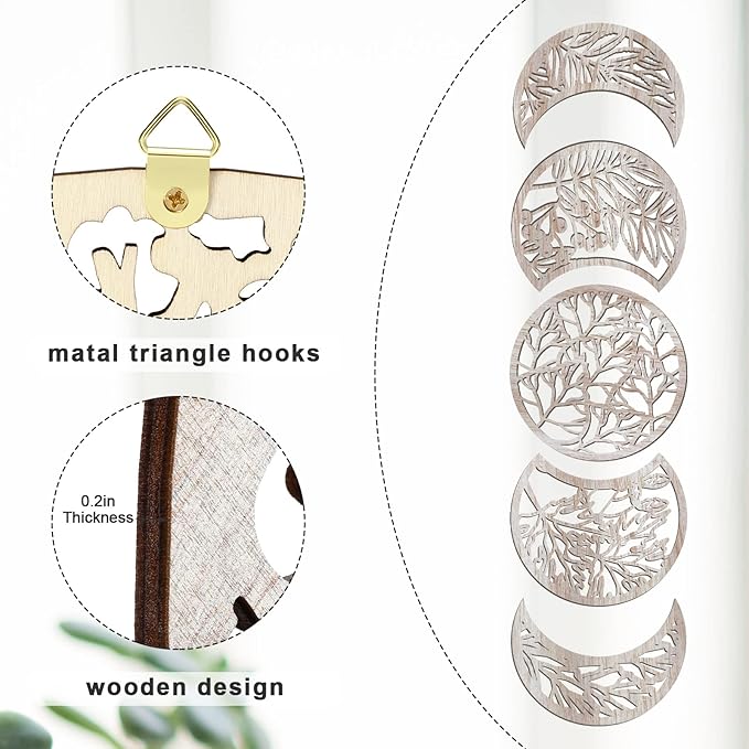 Jetec 5 Pcs Moon Phase Wall Art Decor Wall Pediments Hanging Wooden Moon Phase Spiritual Bedroom Nordic Boho Lunar Aesthetic Art for Living Room Dorm Apartment Bar Ornament(Vintage Color,10.6 Inch)