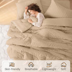 MUXHOMO 7 Pieces King Comforter Set, Seersucker Bed in a Bag King Size, All Season Luxury Bedding Set with Comforter, Flat Sheet, Fitted Sheet, Pillowcases & Shams, Khaki