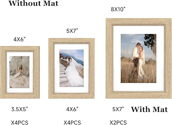 10 Pack Picture Frames Collage Wall Decor - Gallery Wall Frame Set with Mat for Wall Mounting or Tabletop Display, Including Two 8x10, Four 5x7, Four 4x6 Photo Frames, Real Glass