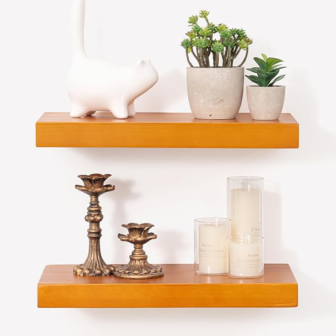 Marsmiles Floating Shelves for Wall - Small Wood Floating Shelves Set of 2-16 Inch Wide x 7.7 Inch Deep x 1.6 Inch Thick Rustic Wood Shelves for Room Wall