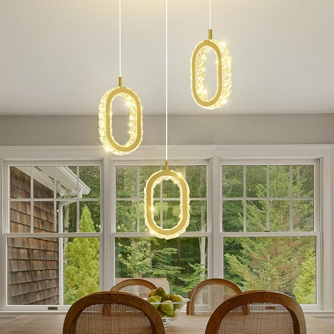 Dimmable Oval Pendant Light Modern LED Pendant Lights for Kitchen Island Adjustable Crystal Ring Chandelier for Dining Room Bedroom Living Room 3-Light Gold