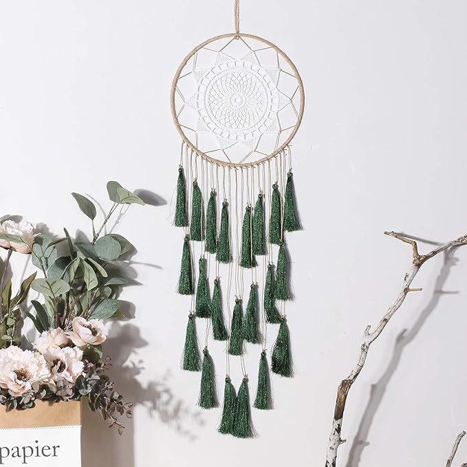 Artilady Macrame Dream Catchers for Bedroom - Tassel Wall Hanging Handmade Dreamcatchers Home Decor with Tassel Feather Ornament Craft Blessing Gift (Dark Green)