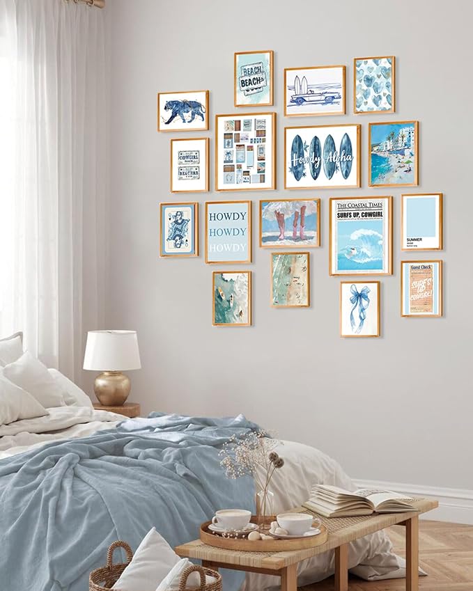 KBKBART Coastal Cowgirl Room Decor Aesthetic Set of 17, Coasta l Granddaughter Room Decor, Blue coastal Cowgirl Wall Art Prints, Trendy Beachy Wall Decor for Dorm Bedroom, Preppy Surf Posters for Teen Girls, Coastal cowgir l Decor (Unframed)