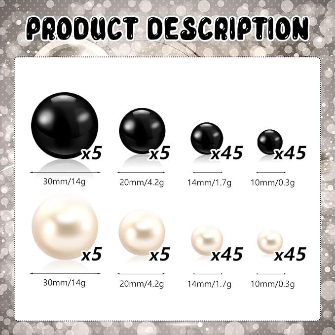 200PCS Black White Faux Pearls Beads for Centerpiece Vases, Vase Filler Faux Pearls, No Holes Filler Beads for Party Anniversary Birthday Wedding Table Decor, 10/14/20/30mm