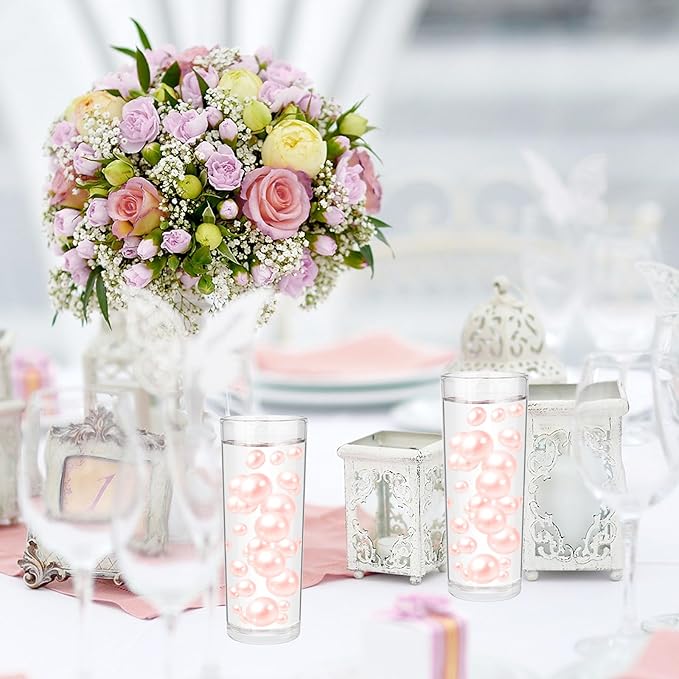 200PCS Light Pink Faux Pearls Beads for Centerpiece Vases, Vase Filler Faux Pearls, No Holes Filler Beads for Party Anniversary Birthday Wedding Table Decor, 10/14/20/30mm