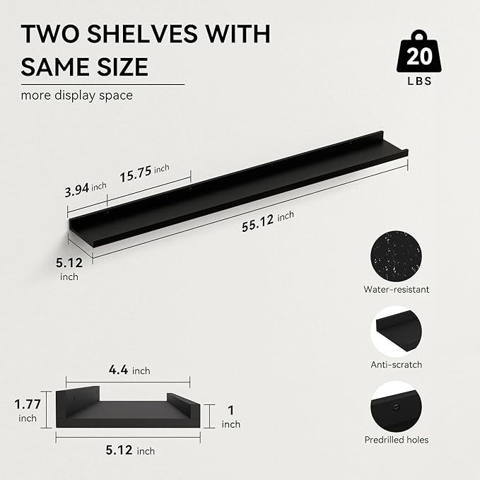 55.1 Inches Long Floating Shelves Wall Mounted, 2 Set Modern Wall Shelf for Bedroom, Nursery Book Shelf with Lip, Picture Ledge Shelf for Wall Decor Living Room Bathroom Kitchen - Black