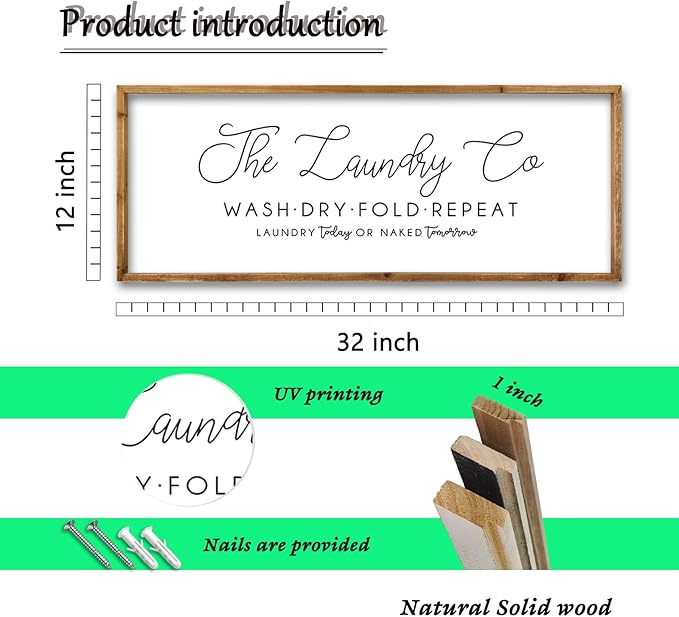 ZZJJHYWGQ Laundry Room Wall Decor 32"×12" Wash Dry Fold Repeat Funny Laundry Sign Rustic Farmhouse Decor Large Wooden Frame Humorous Quote Wall Hanging Art (Wood)