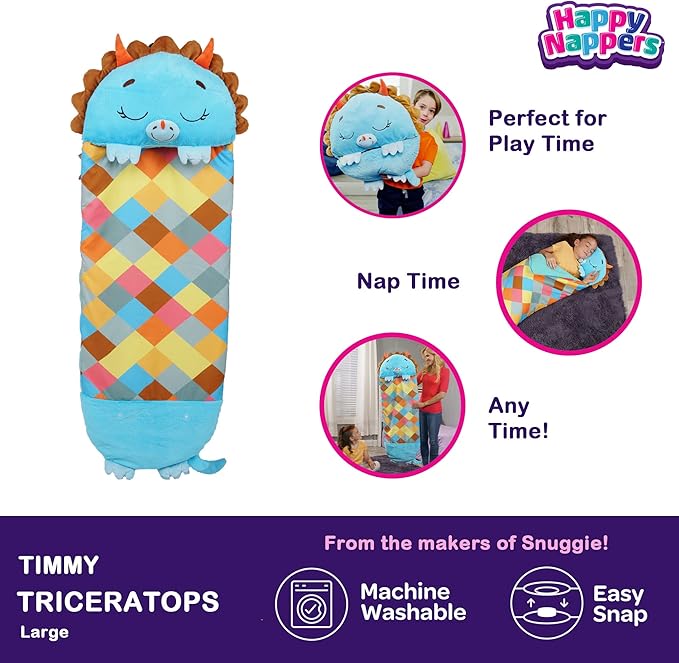 Happy Nappers Pillow & Sleepy Sack Large Triceratratops Comfy, Cozy, Compact, Super Soft, Warm, All Season, Sleeping Bag with Pillow