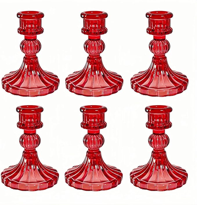 Glass Candlestick Holder,Striped Taper Candle Holders,Set of 6 Candle Stand for Table Centerpieces, Home Decor,Weddings,Festival and Parties (Red Stripe Pattern)