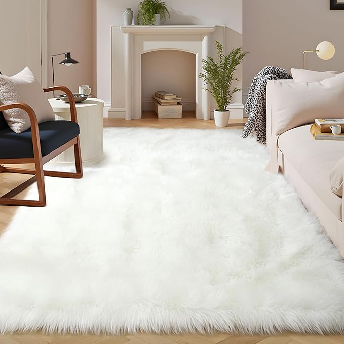 Latepis White Faux Fur Rug 8x10, Faux Fur Sheepskin Rug for Living Room, Fluffy Washable Fuzzy Rugs Carpet for Bedroom, Luxury Room Decor, Rectangle