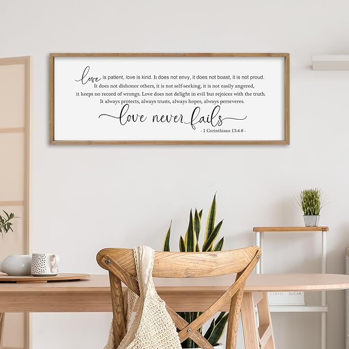 SRSZHIYUE Love is Patient Kind Sign Wall Decor Art 40"×15" 1 Corinthians 13 4-8 Master Bedroom Christian Wood Framed Large Wall Hanging (Wood)