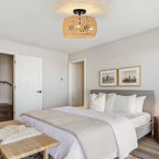 Boho Semi Flush Mount Ceiling Light - Rattan Light Fixture with Hand-Woven Shade, 3 Light Farmhouse Chandelier Coastal Wicker Light Fixtures for Kitchen Bedroom Foyer Nursery Entryway