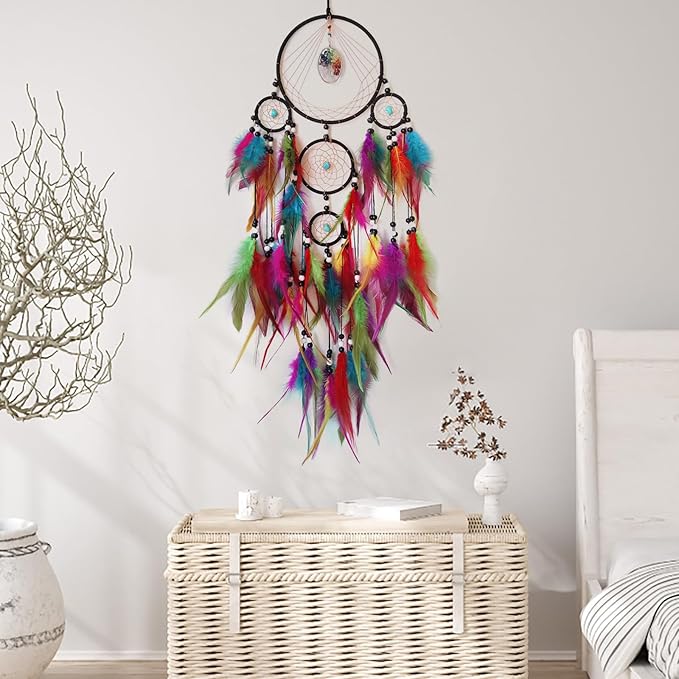 Colorful Large Dream Catcher Wall Decor Feather Dream Catchers with Crystal Tree of Life Pendant Handmade Dreamcatcher Wall Hanging Ornament for Bedroom Living Room Home Decor