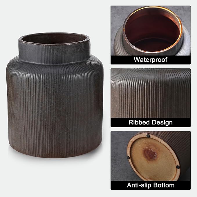 Rustic Vases for Decor, Farmhouse Ceramic Vase for Flowers, Vintage Decorative Vase for Home Decor, Dining Table, Living Room, Shelf, Kitchen, Bedroom (Dark Brown)