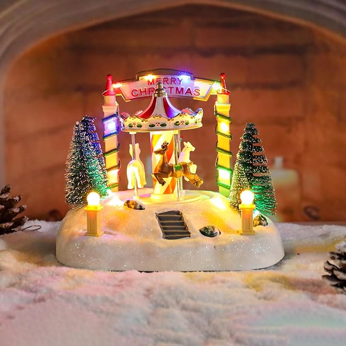 Bdor Christmas Carousel Tabletop Decoration – Lighted Musical Merry-Go-Round with Reindeer and Trees – Battery Operated Christmas Scene – 7.5"x5.5"x6" Holiday Centerpiece with LED Lights and Music