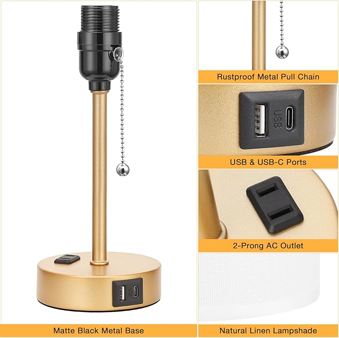 Dicoool Small Bedside Lamps 3 Color Modes - 3000K 4000K 5000K Bedroom Lamps with USB C and A Ports, Pull Chain Gold Table Lamps with AC Outlet, Nightstand Lamps with Gold Metal Base for Kids Reading