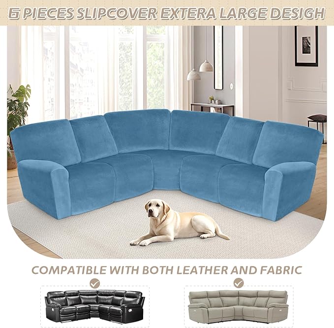 Arfntevss Sectional Recliner Couch Covers Velvet Corner Sectional Sofa Cover for Reclining Couch Stretch Soft L Shape Recliner Slipcover Thick U Shaped Washable Protector (5 Seat Cover, Light Blue)