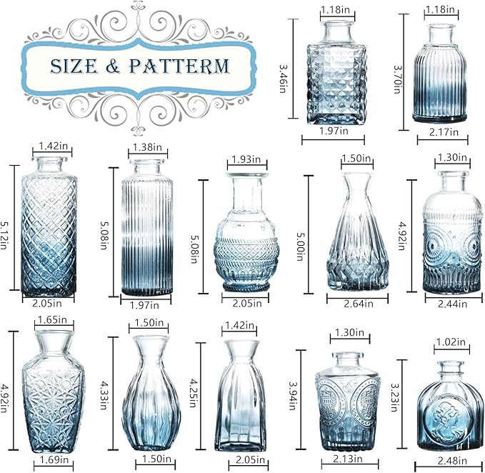Bud Vases Set of 12,Glass Bud Vases in Bulk,Small Flower Vases for Centerpieces,Mini Vintage Vase for Wedding, Home Table Decor,Christmas,Party Decoration,Blue