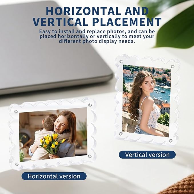 3-Pack 4x6 Acrylic Magnetic Photo Frames – Double-Sided Clear Block Frames with Scalloped Edges, UV-Protected Lucite Self-Standing Picture Frame