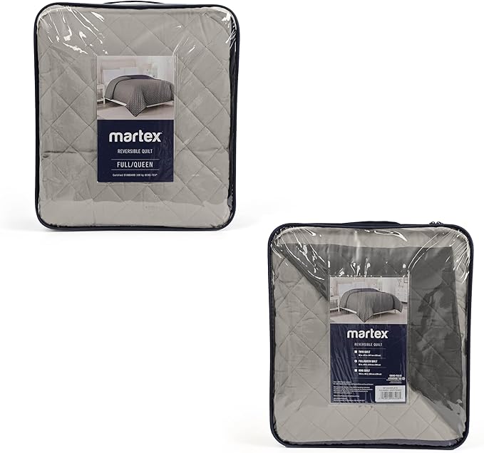 Martex Reversible Coverlet – Full Queen Size Quilt - Lightweight Full Size Bedding– Durable Queen Size Quilts for Bed – Soft - Easy Care Bedding – Light Gray/Graphite