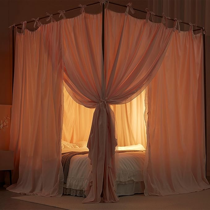 4 Corners Post Princess Curtain Bed Canopy Double Layer Cozy Mosquito Net Mesh and Cloth for Girls Adults Bedroom Decoration (Double-Beigepink/White, 64" W*82" L*82"*H/(Queen))