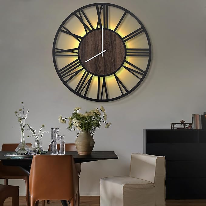 LEIKE Large LED Wall Clocks,Silent,Non Ticking,Battery Operated Rustic Round Modern Big Wood Wall Clock for Living Room, Bedroom,Kitchen,Farmhouse,Office,Home Decor -32" Black,LED,Roman Number