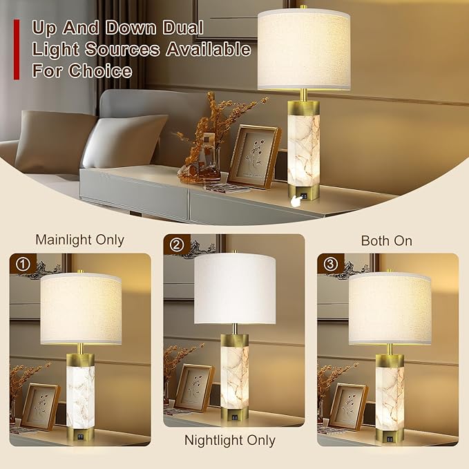 Natural Alabaster Table Lamps Set of 2,Table Lamp with Night Light for Living Room,Nightstand Lamp with USB Ports,Bedside Lamp with Linen Fabric Shade for Bedroom,Living Room,Office,Bar(Bulb Included)