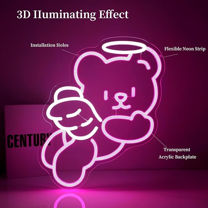 Bear Angel Neon Sign Led Neon Lights Neon Signs for Wall Decor Light Up Sign for Birthday Party Club Gift