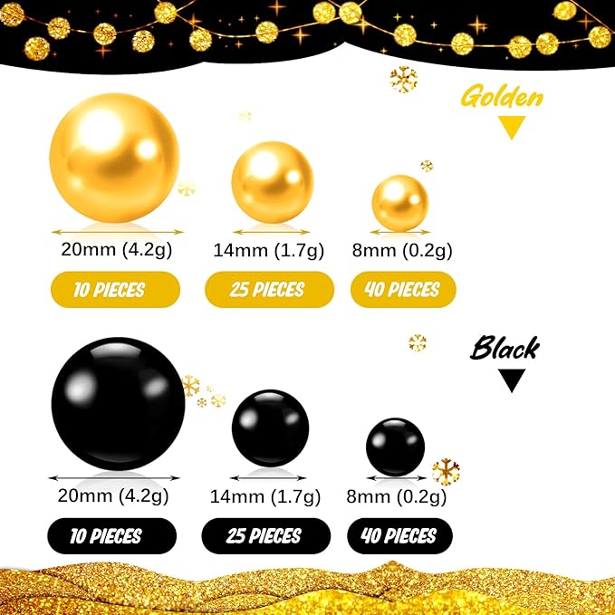 Black Gold Vase Filler | 150PCS Pearls Bead for Centerpieces Vases | 8/14/20 mm No Hole Beads, Fake Pearls for Wedding Birthday Graduation Theme Party Table Centerpieces Decor
