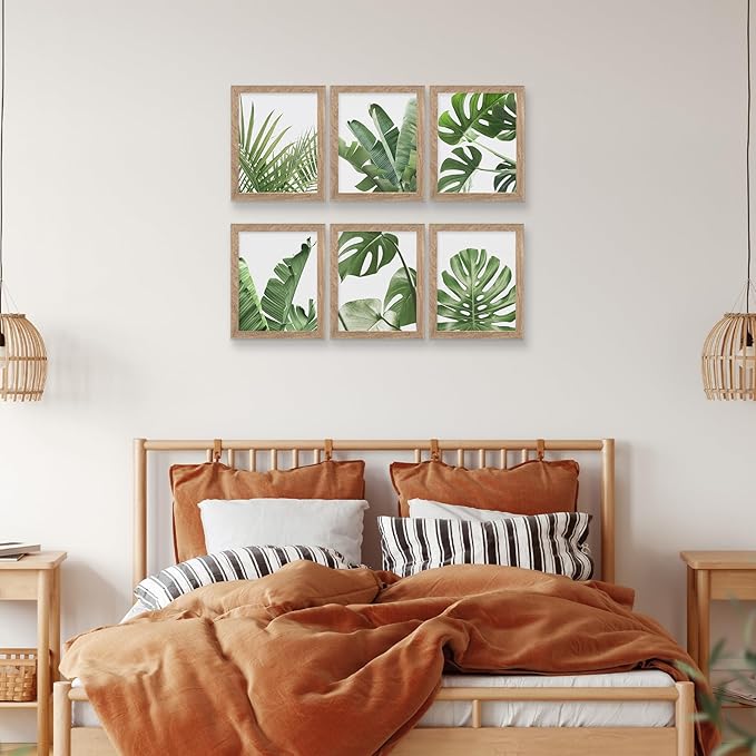 HoozGee Framed Botanical Wall Art Prints Set of 6 Tropical Leaves Plant Leaf Canvas Print Wall Decor Green Wall Art Posters Bedroom Living Room Decor (Tropical Leaf Art, 8"x10" FRAMED)