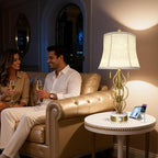 Scenekoy Table Lamp Set of 2 with USB Ports, Pull Chains Switch, 28” Gold Leaf Curved Iron Art Bedside Lamps with Linen Shade for Living Room Bedroom, Nightstand Lamps for Home Room Decor