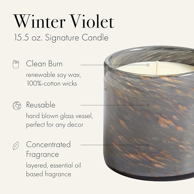 LAFCO New York 2025 Holiday Signature Candle, Winter Violet - 15.5 oz - 90-Hour Burn Time - Reusable, Hand Blown Glass Vessel - Made in The USA
