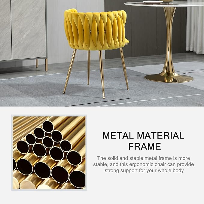 Nrizc Woven Dining Chairs Set of 4, Velvet Upholstered Dining Chairs with Gold Metal Legs, Modern Accent Chairs for Living Room, Dining Room, Kitchen (Yellow)