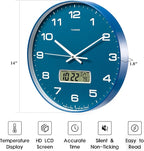 Wall Clock, 14" Large Dial Non-Ticking Silent Battery Operated Analog with LCD Display for Perpetual Calendar and F° Temperature, Ideal Modern Home, Bedroom, Kitchen, Office Decor (Blue)