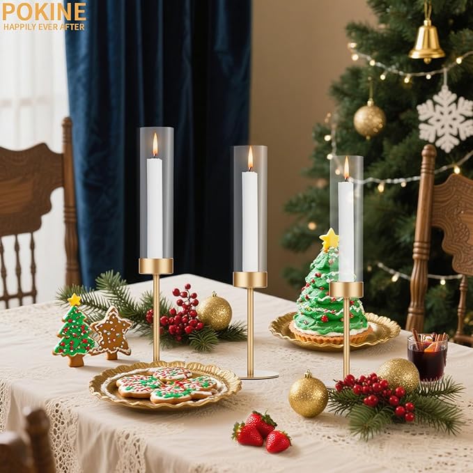 Gold Candle Holders Set of 3 for Glass Taper Candle Holders,Hurricane Candlestick Holder for Wedding, Dinning, Party Decorative, Home Decor, Anniversary，3 Brass