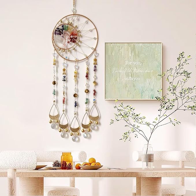 Colorful Dream Catcher Wall Decor Tree of Life Dream Catchers with Crystal Pendant Handmade Dreamcatcher Wall Hanging Ornament for Bedroom Living Room Home Decor