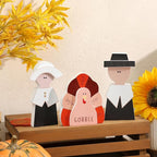 Amorita Fall Thanksgiving Decorations Wooden Turkey Pilgrim Couple Table Sign 3 Pcs Fall Thanksgiving Decor Standing Tabletop Sign Decor for Autumn Harvest - Z