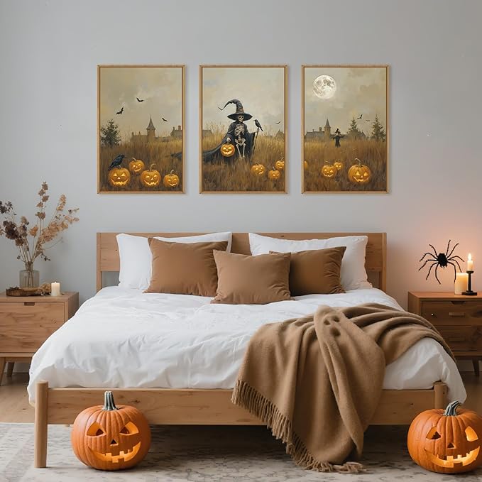 Celestdeco Halloween Ghost Reaper Framed Wall Art Set, Scary Witchy and Pumpkin Wall Decor, Horror Night Wall Painting, Full Moon Bats Art Prints for Living Room,Bedroom,Halloween Themed Party Decoration-16"×24"×3