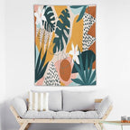 Abstract Bohemian Mid Century Tapestry, Tropical Leaves Modern Geometric Archway Minimalist Bohemian Botanical Aesthetic Wall Hanging, Sage Green Gold Home Decor Art for Bedroom 50x60 Inch