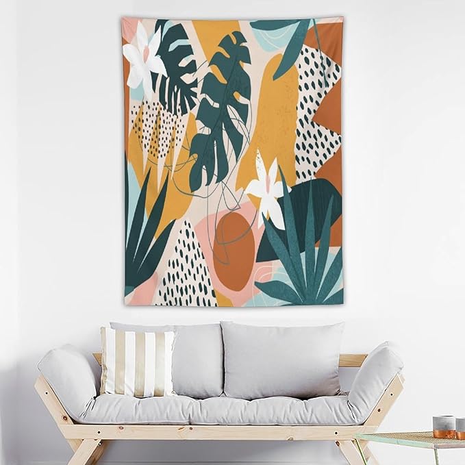 Abstract Bohemian Mid Century Tapestry, Tropical Leaves Modern Geometric Archway Minimalist Bohemian Botanical Aesthetic Wall Hanging, Sage Green Gold Home Decor Art for Bedroom 40x60 Inch