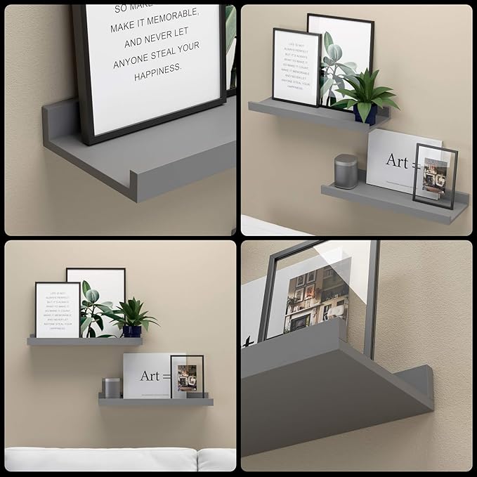 Floating Shelves for Wall, Wall Shelves Set of 2, Bedroom Shelves with Lip, Display Picture Ledge Shelf for Wall Decor Bedroom Living Room Bathroom Kitchen - Grey