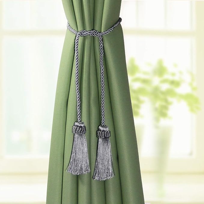 Fenghuangwu Curtain Tiebacks Handmade Decorative Curtain Holdbacks Rope with Tassel (Silver, 4P)