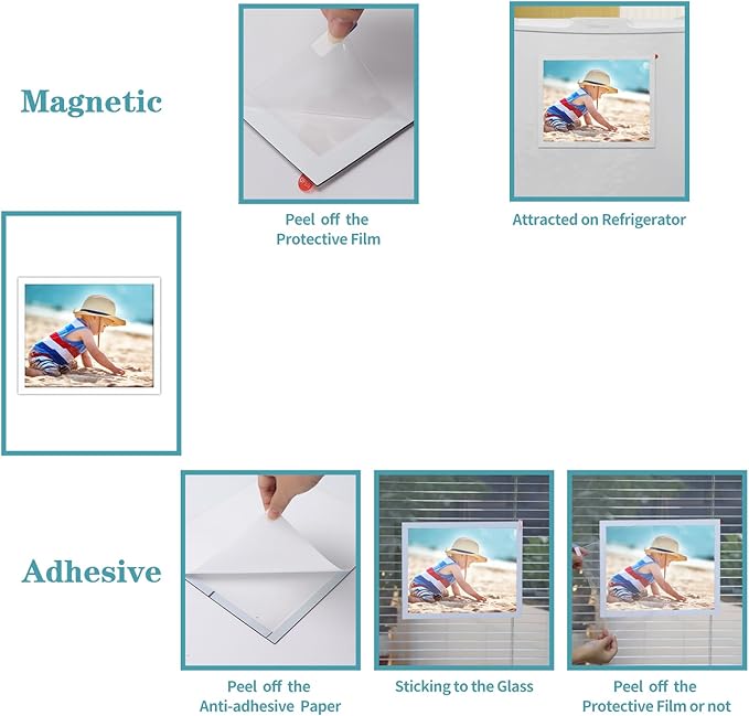 CRUGLA 8x10 White Magnetic Picture Frames for Refrigerator 12 Packs, Modified Magnetic Sheet with Self Adhesive Backing, 8 by 10 Magnetic Photo Craft Frame Set for Glass Window Door Cubicle