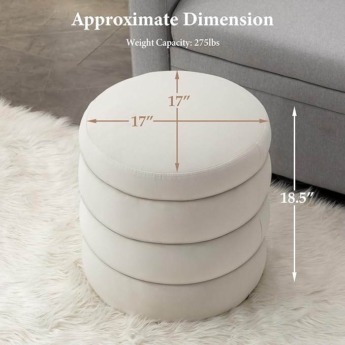 Furniliving Modern Round Ottoman, Soft Bedroom Ottoman Footstool Round Ottomans Stool for Living Room, Bedroom, Makeup Room, White, Velvet