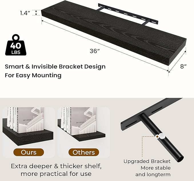 Dreamland 36 inch Floating Shelves Wall Shelves for Office with Invisible Brackets, 8 inch Deep Shelves for Bathroom, Living Room, Kitchen, Office, 36x7.9 inch deep Set of 2, Black