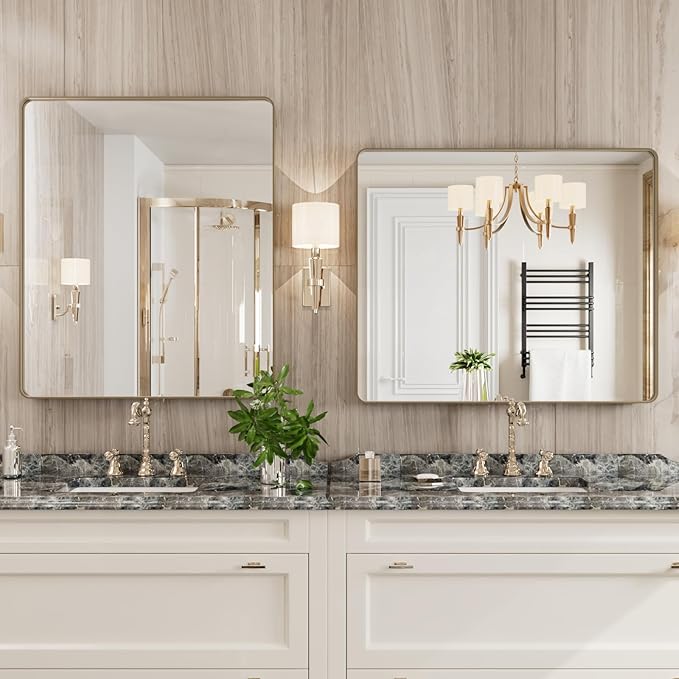 Bronze Bathroom Mirror 30x36 Inch, Brushed Bronze Metal Frame Mirror for Wall, Rounded Rectangle Bathroom Vanity Mirror with Tempered Glass, Anti-Rust, Horizontal/Vertical