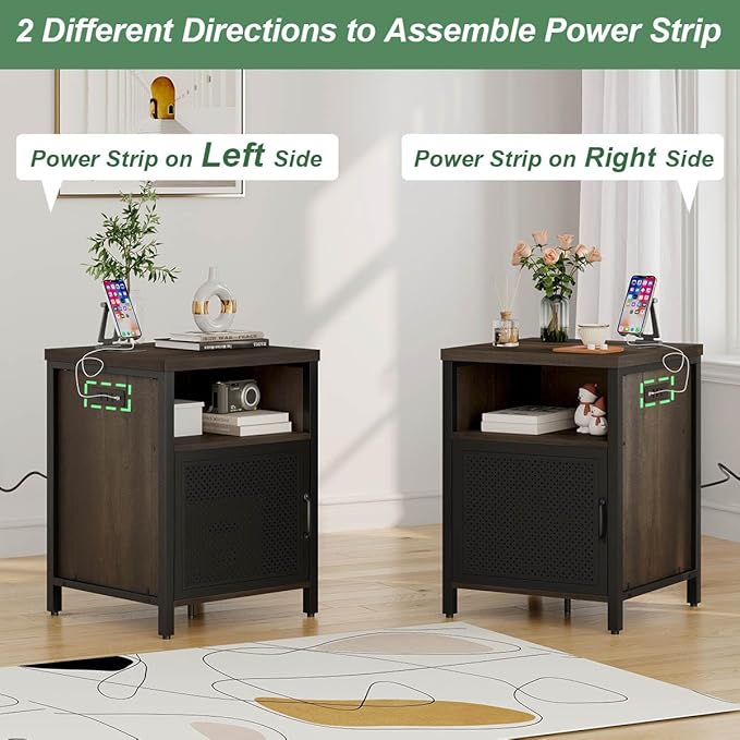 FATORRI End Table with Storage, Rustic Side Table for Living Room, Narrow Wood and Metal Bedside Tables with Door (Walnut Brown)